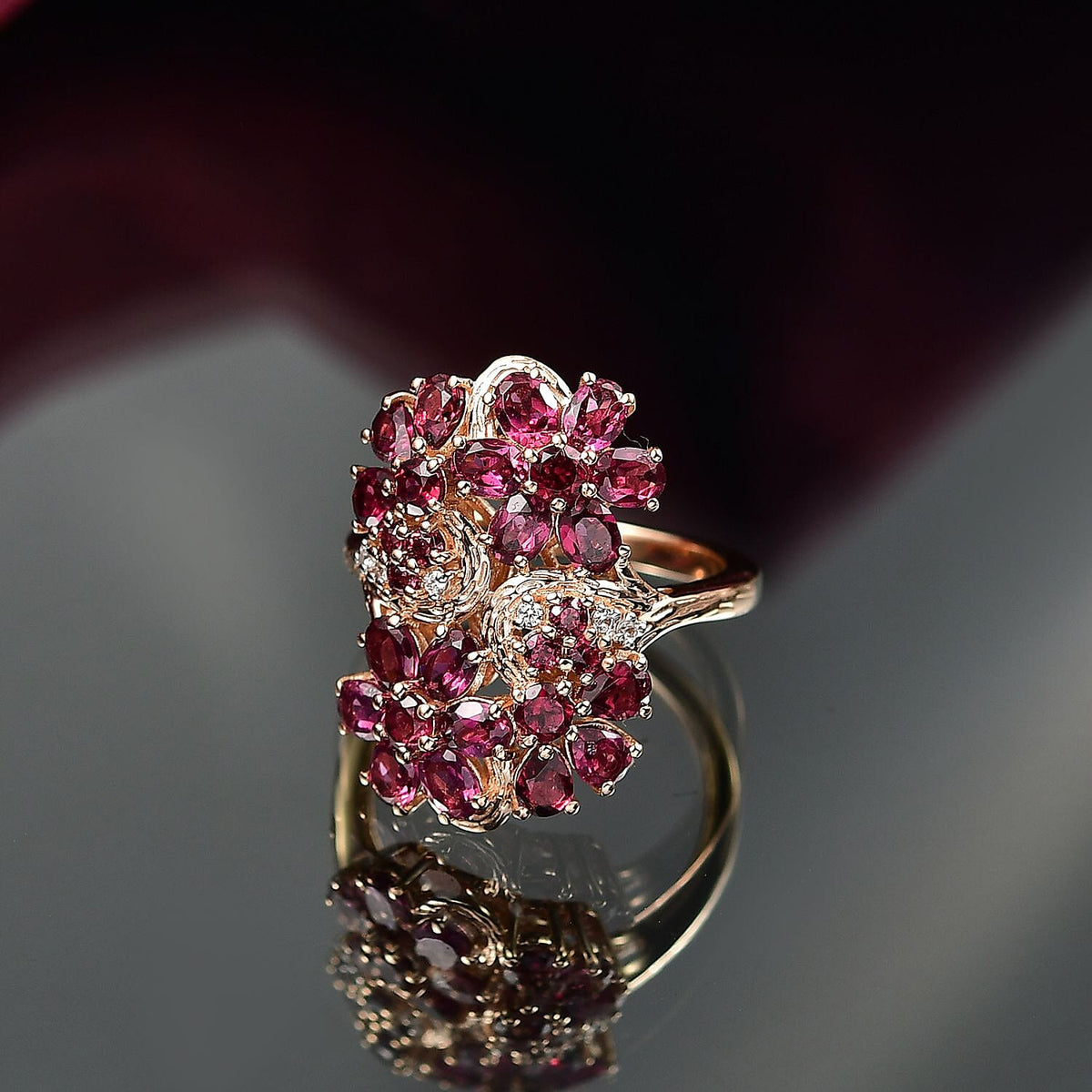 D'joy Orissa Rhodolite Garnet, White Zircon Floral Ring in 18K Rose Gold Plated Sterling Silver 4.51 Ct. 8225790 1