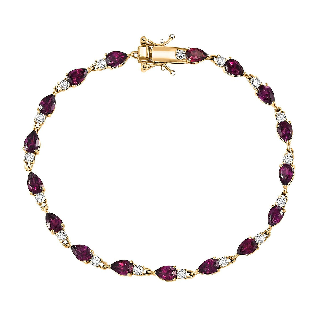 Djoy Orissa Rhodolite Garnet, White Zircon Line Bracelet 1 Row (Size - 7.5) with GB Lock Box in Yellow Gold Plated Sterling Silver 10.04 Ct. 8221347 0
