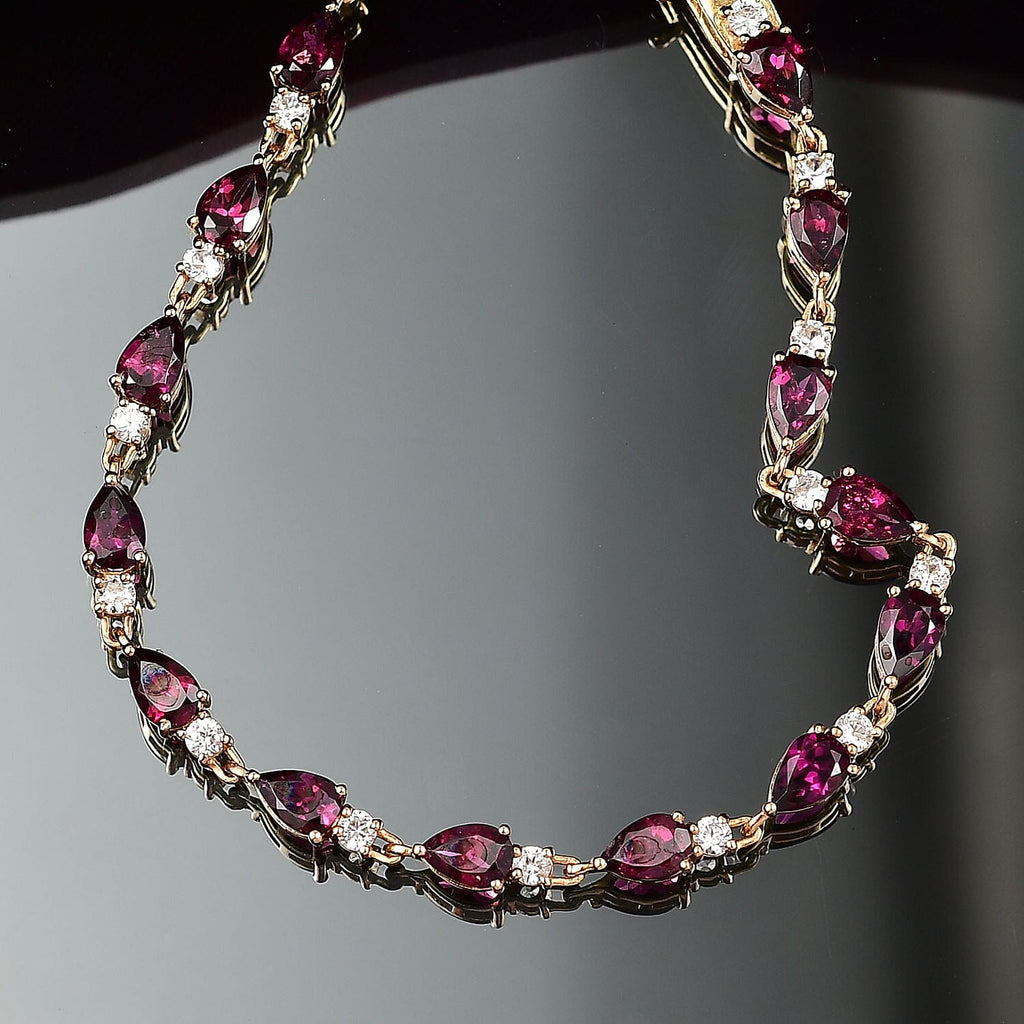 Djoy Orissa Rhodolite Garnet & White Zircon Line Bracelet (Size - 8) 18K Yellow Gold Plating Sterling Silver 11.12 Ct