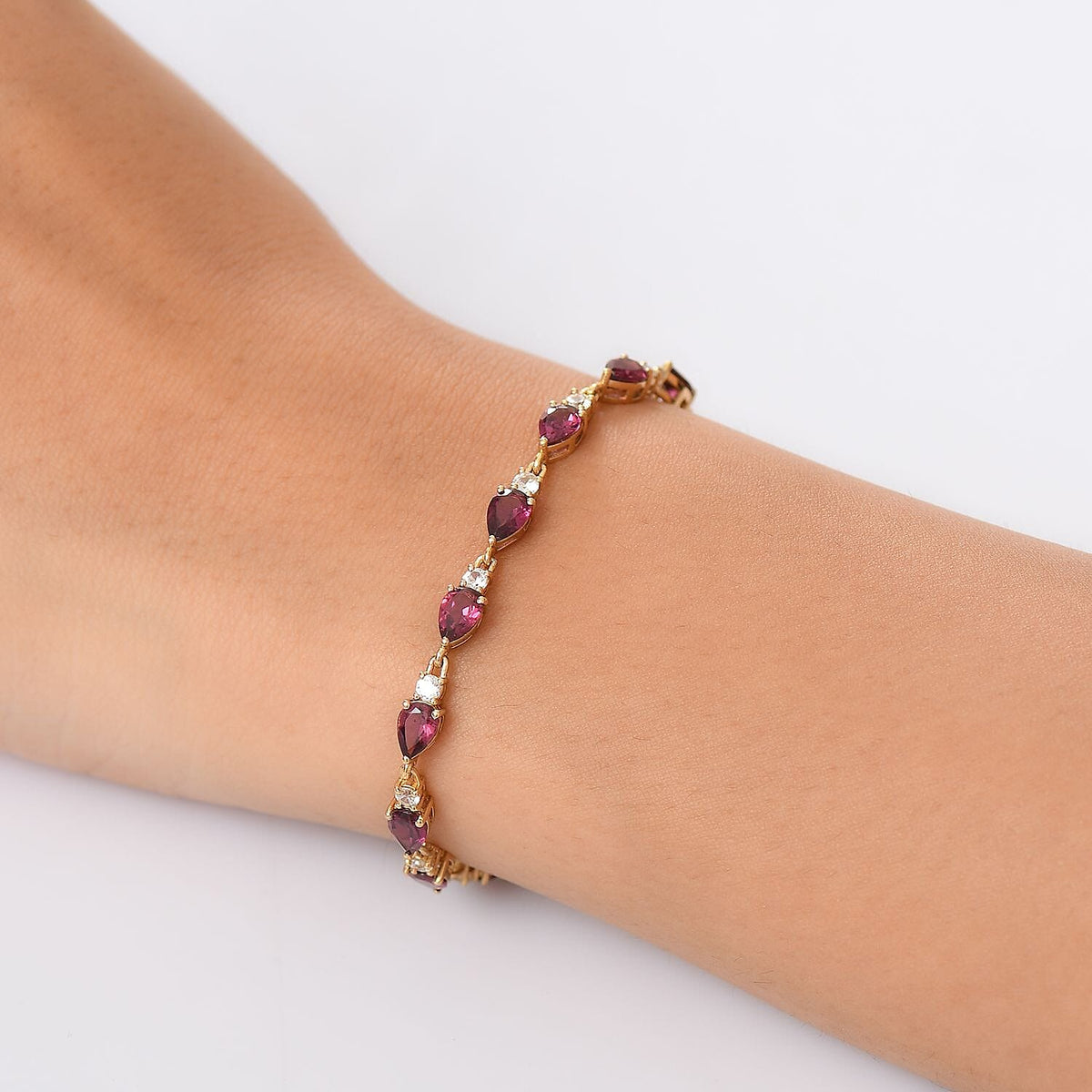 Djoy Orissa Rhodolite Garnet, White Zircon Line Bracelet 1 Row (Size - 7.5) with GB Lock Box in Yellow Gold Plated Sterling Silver 10.04 Ct. 8221347 3
