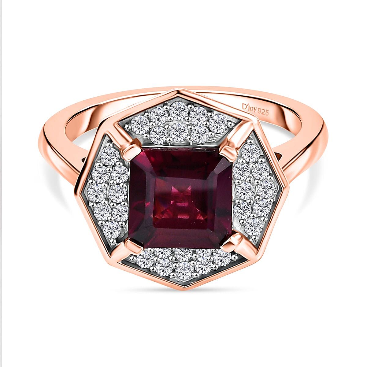 D'joy Rhodolite Garnet &amp; White Zircon Hexagon Halo Ring in Rose Gold Plated Sterling Silver 2.46 Ct. 8220780 0