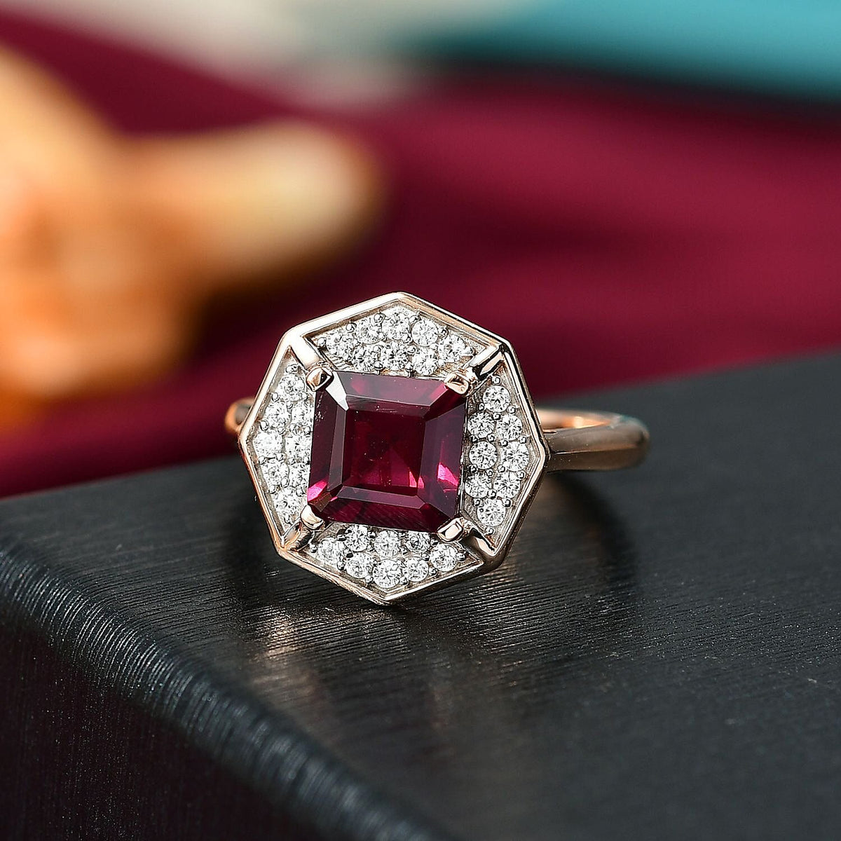 D'joy Rhodolite Garnet &amp; White Zircon Hexagon Halo Ring in Rose Gold Plated Sterling Silver 2.46 Ct. 8220780 2