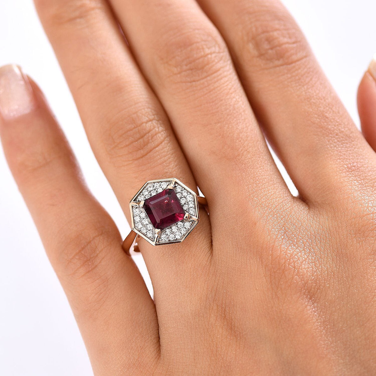 D'joy Rhodolite Garnet &amp; White Zircon Hexagon Halo Ring in Rose Gold Plated Sterling Silver 2.46 Ct. 8220780 3