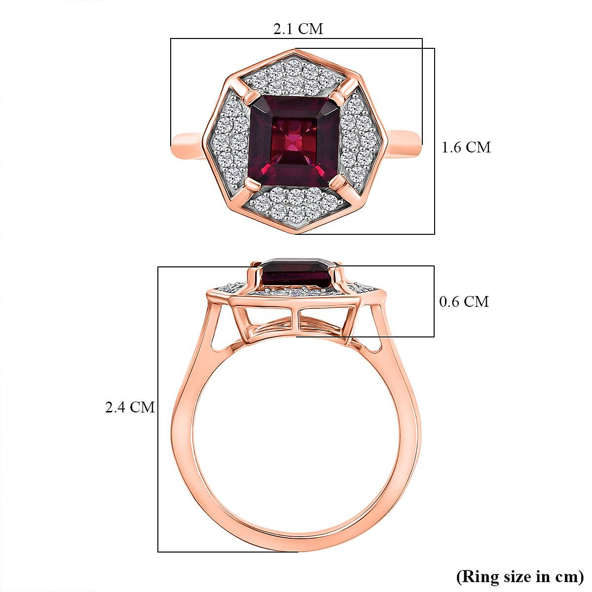 D'joy Rhodolite Garnet &amp; White Zircon Hexagon Halo Ring in Rose Gold Plated Sterling Silver 2.46 Ct. 8220780 6