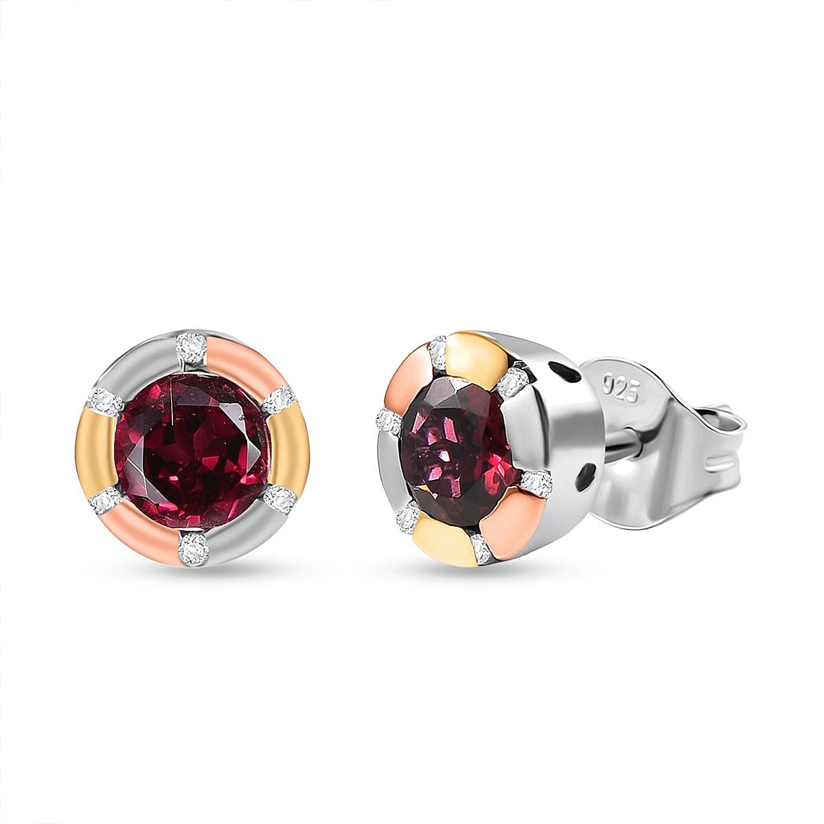 Djoy Orissa Rhodolite Garnet &amp; White Zircon Stud Push Post Earring in Tri Colour Plating Sterling Silver 1.34 Ct. 8213082 0