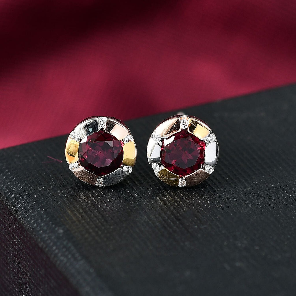 Djoy Orissa Rhodolite Garnet & White Zircon Stud Push Post Earring in Tri Colour Plating Sterling Silver 1.34 Ct.