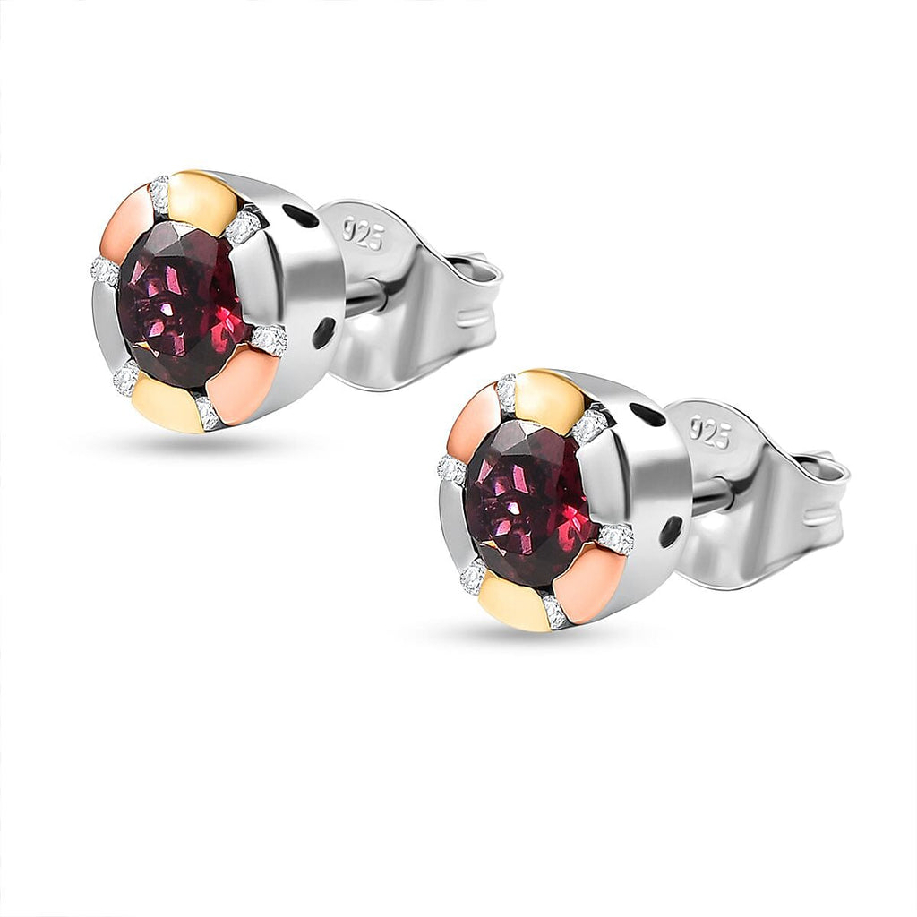 Djoy Orissa Rhodolite Garnet & White Zircon Stud Push Post Earring in Tri Colour Plating Sterling Silver 1.34 Ct.