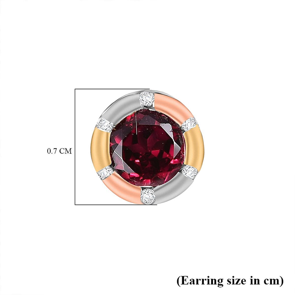 Djoy Orissa Rhodolite Garnet & White Zircon Stud Push Post Earring in Tri Colour Plating Sterling Silver 1.34 Ct.