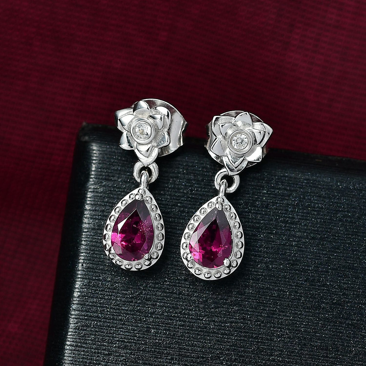 Djoy Orissa Rhodolite Garnet, White Zircon Floral Drop Earrings in Rhodium Overlay Sterling Silver 1.15 Ct. 8213437 2