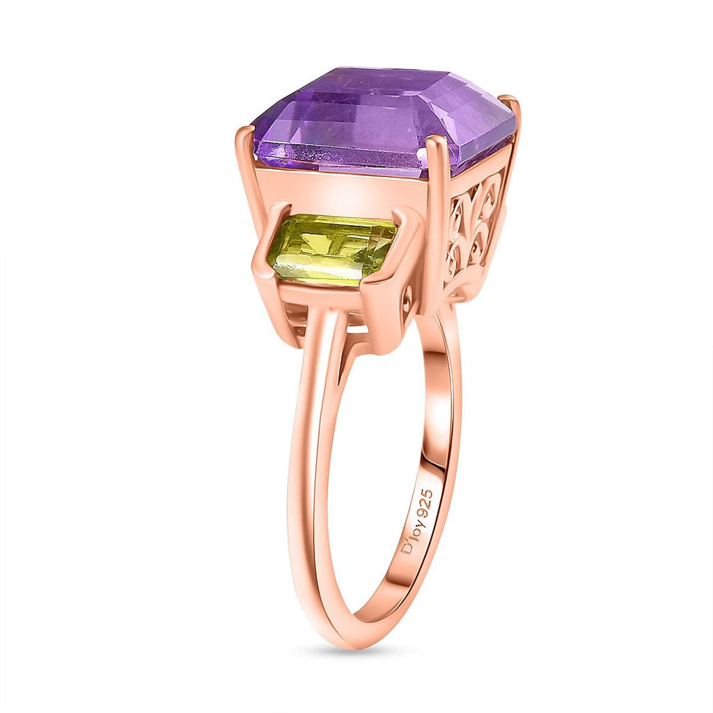 D'joy Rose De France Amethyst & Peridot Solitaire Ring in 14K Rose Gold Plated Sterling Silver 7.27 Ct.
