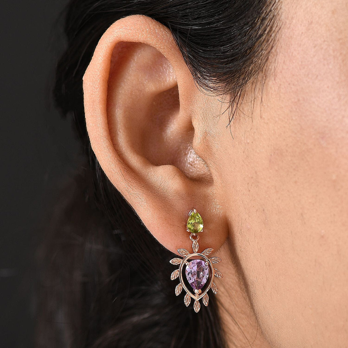 D'joy Rose De France Amethyst &amp; Peridot Solitaire Stud Push Post Earring in 14K Rose Gold Plated Sterling Silver 3.02 Ct. 8194492 3