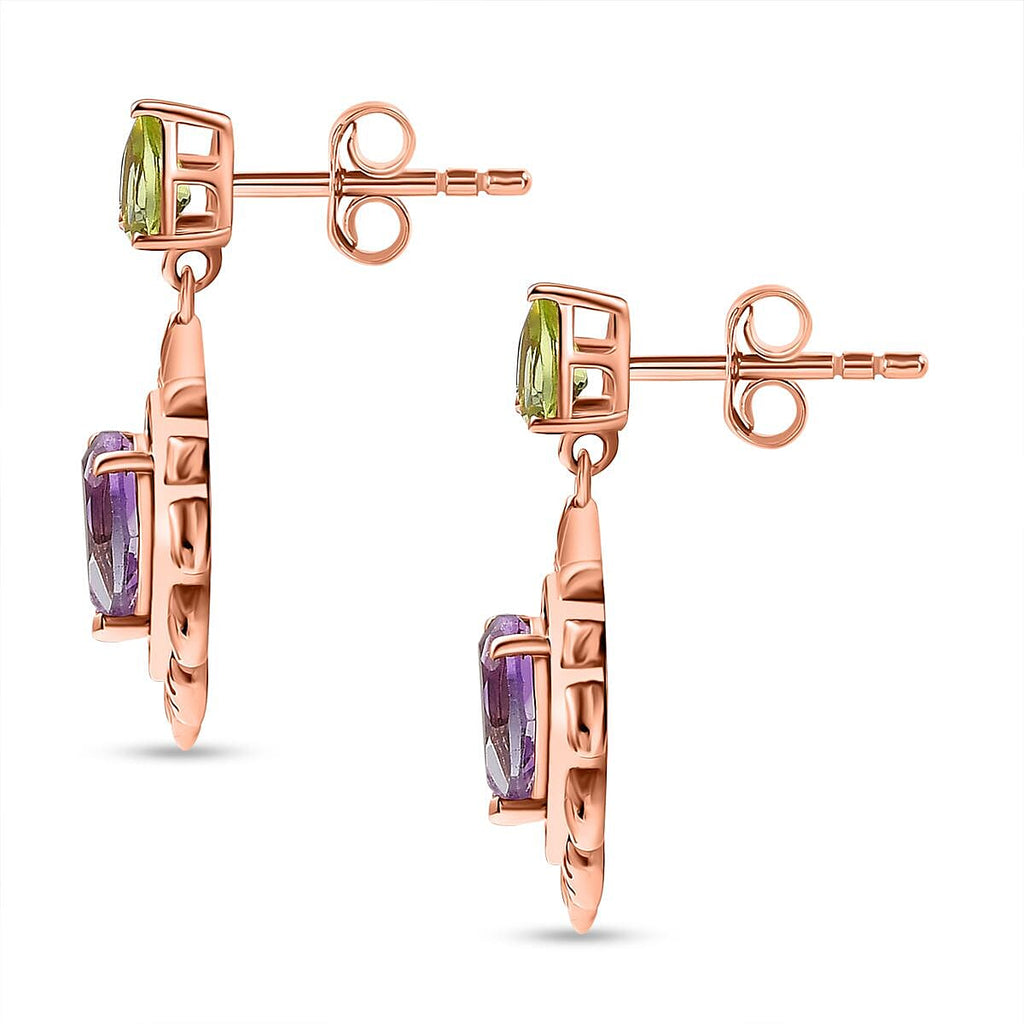 D'joy Rose De France Amethyst & Peridot Solitaire Stud Push Post Earring in 14K Rose Gold Plated Sterling Silver 3.02 Ct.