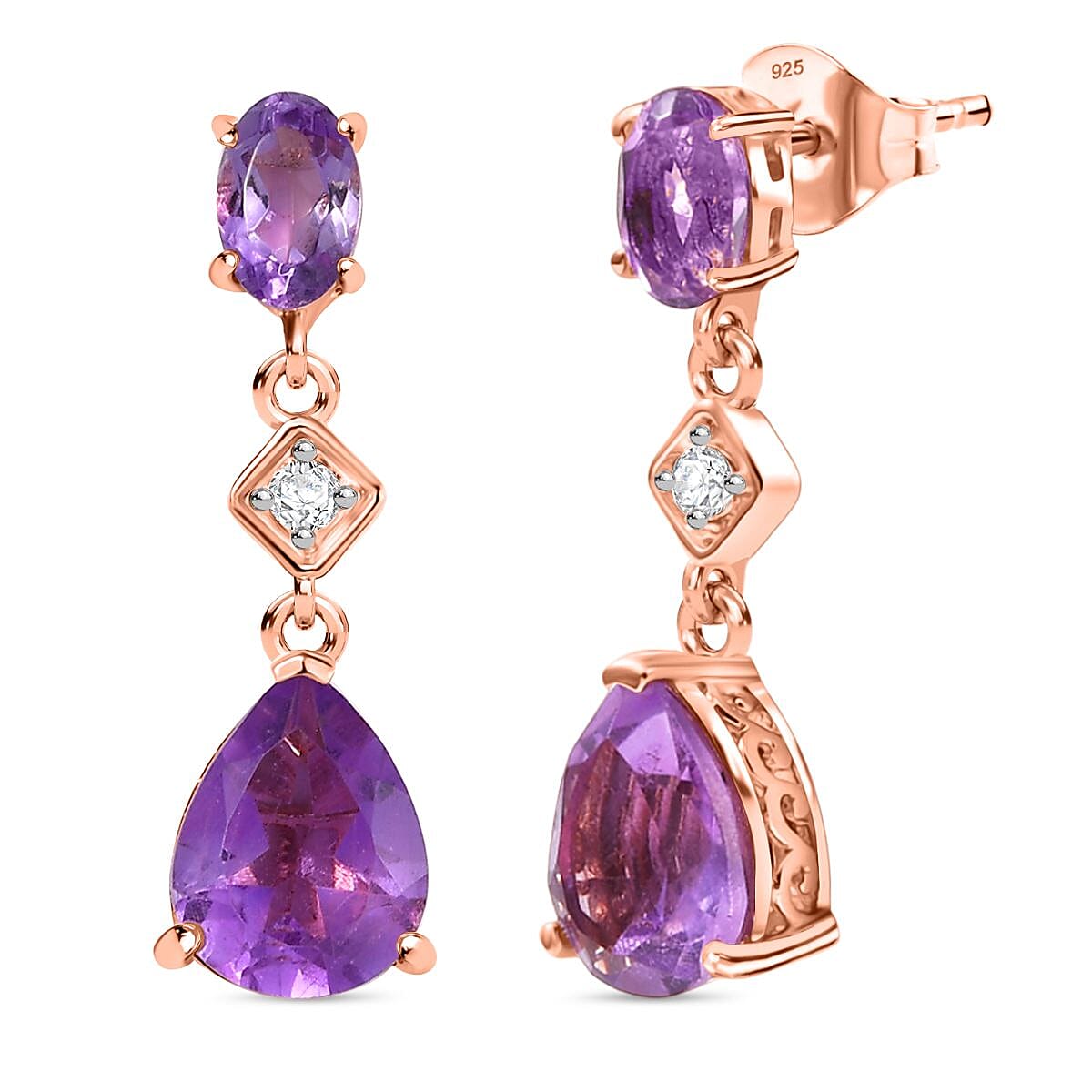 D'joy Rose De France Amethyst &amp; White Zircon Dangling Earring with Push Back in 14K Rose Gold Plated Sterling Silver 3.85 Ct. 8194731 0