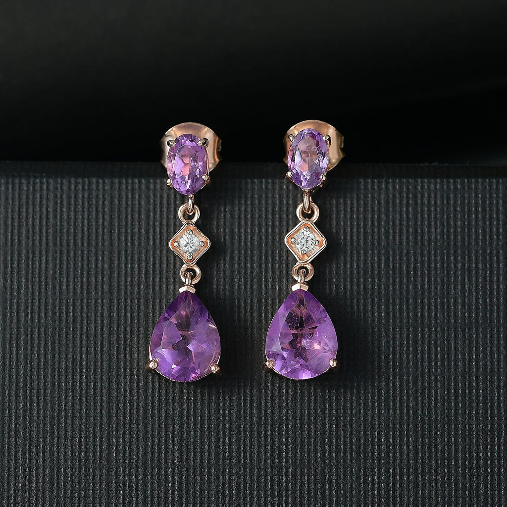 D'joy Rose De France Amethyst & White Zircon Dangling Earring with Push Back in 14K Rose Gold Plated Sterling Silver 3.85 Ct.