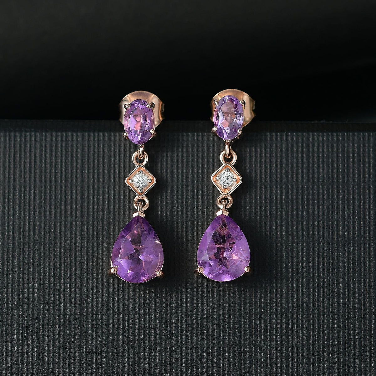 D'joy Rose De France Amethyst &amp; White Zircon Dangling Earring with Push Back in 14K Rose Gold Plated Sterling Silver 3.85 Ct. 8194731 2