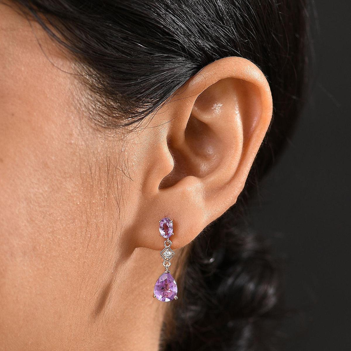 D'joy Rose De France Amethyst &amp; White Zircon Dangling Earring with Push Back in 14K Rose Gold Plated Sterling Silver 3.85 Ct. 8194731 3