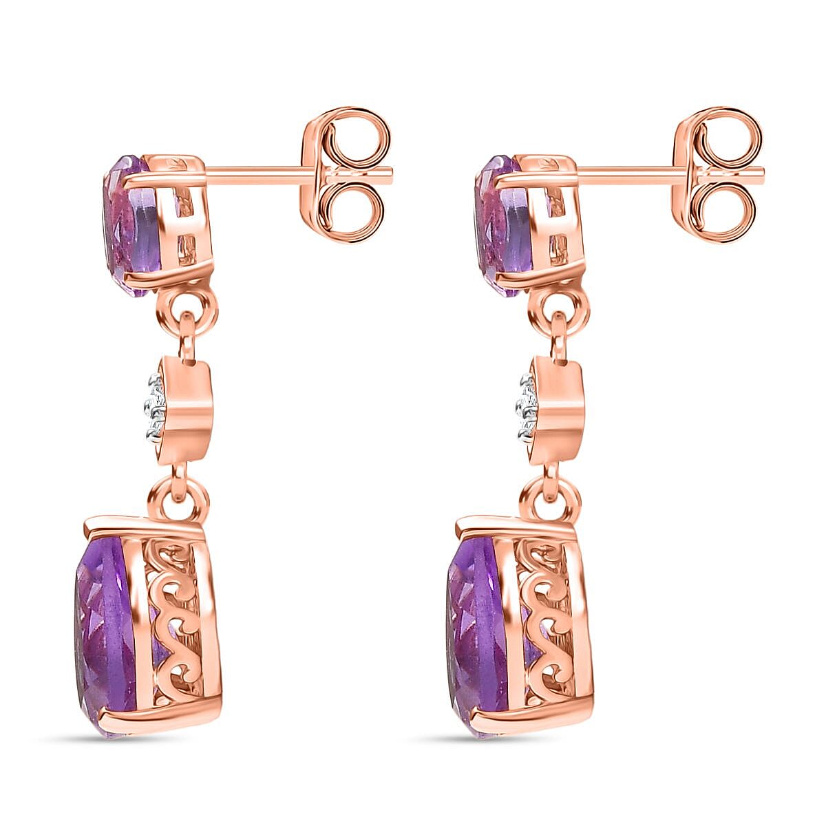 D'joy Rose De France Amethyst &amp; White Zircon Dangling Earring with Push Back in 14K Rose Gold Plated Sterling Silver 3.85 Ct. 8194731 4