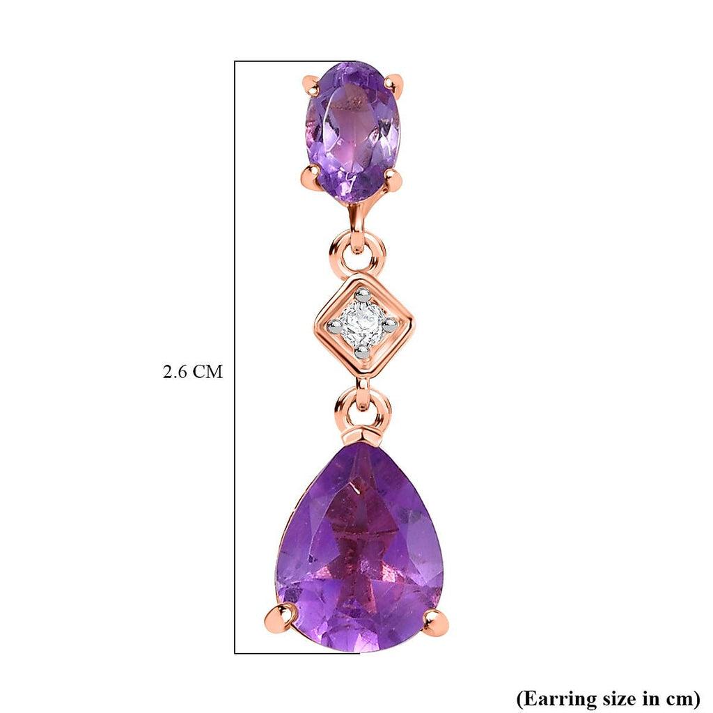D'joy Rose De France Amethyst & White Zircon Dangling Earring with Push Back in 14K Rose Gold Plated Sterling Silver 3.85 Ct.
