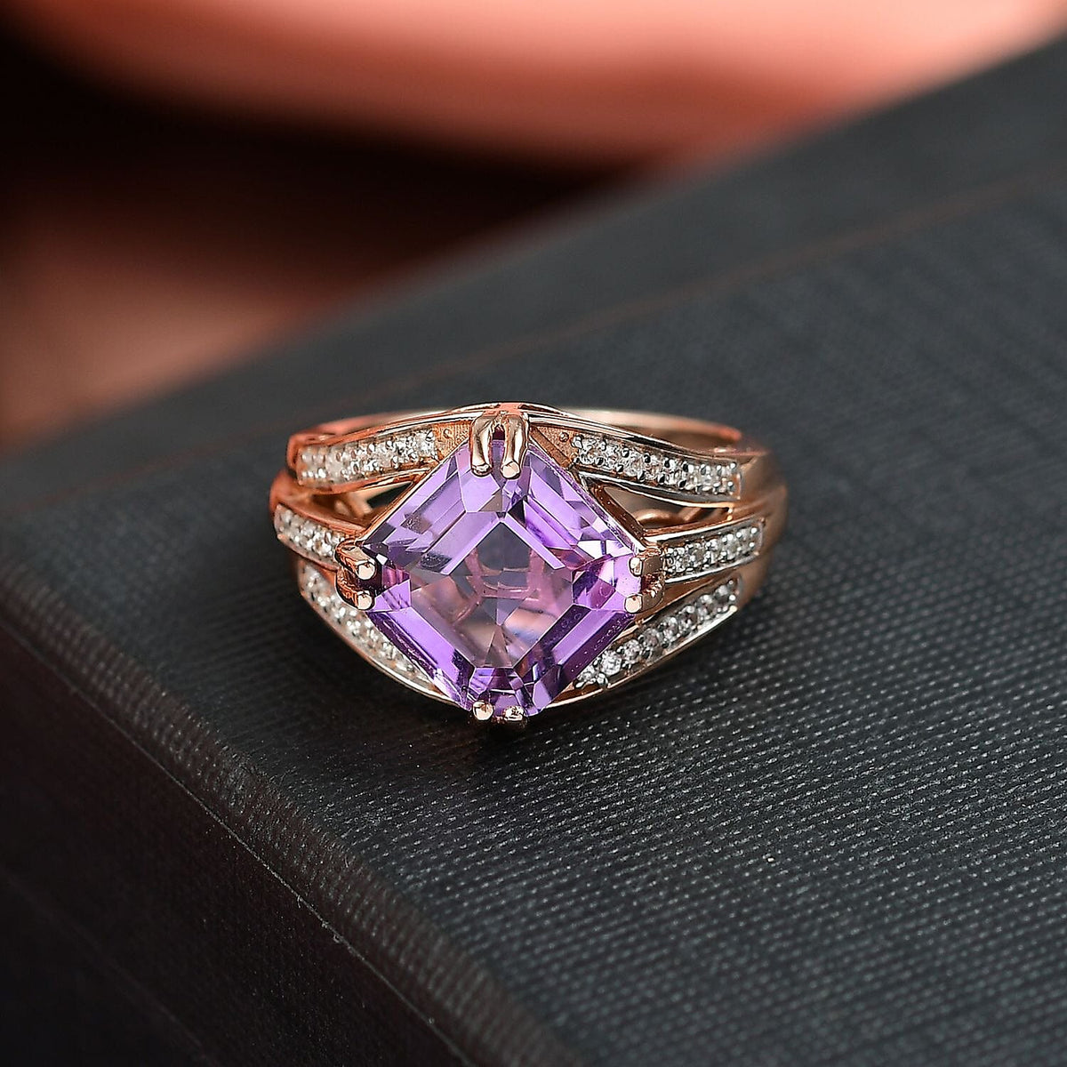 D'joy Rose De France Amethyst, White Zircon Cocktail Ring in Rose Gold Plated Sterling Silver 5.04 Ct. 8194729 1