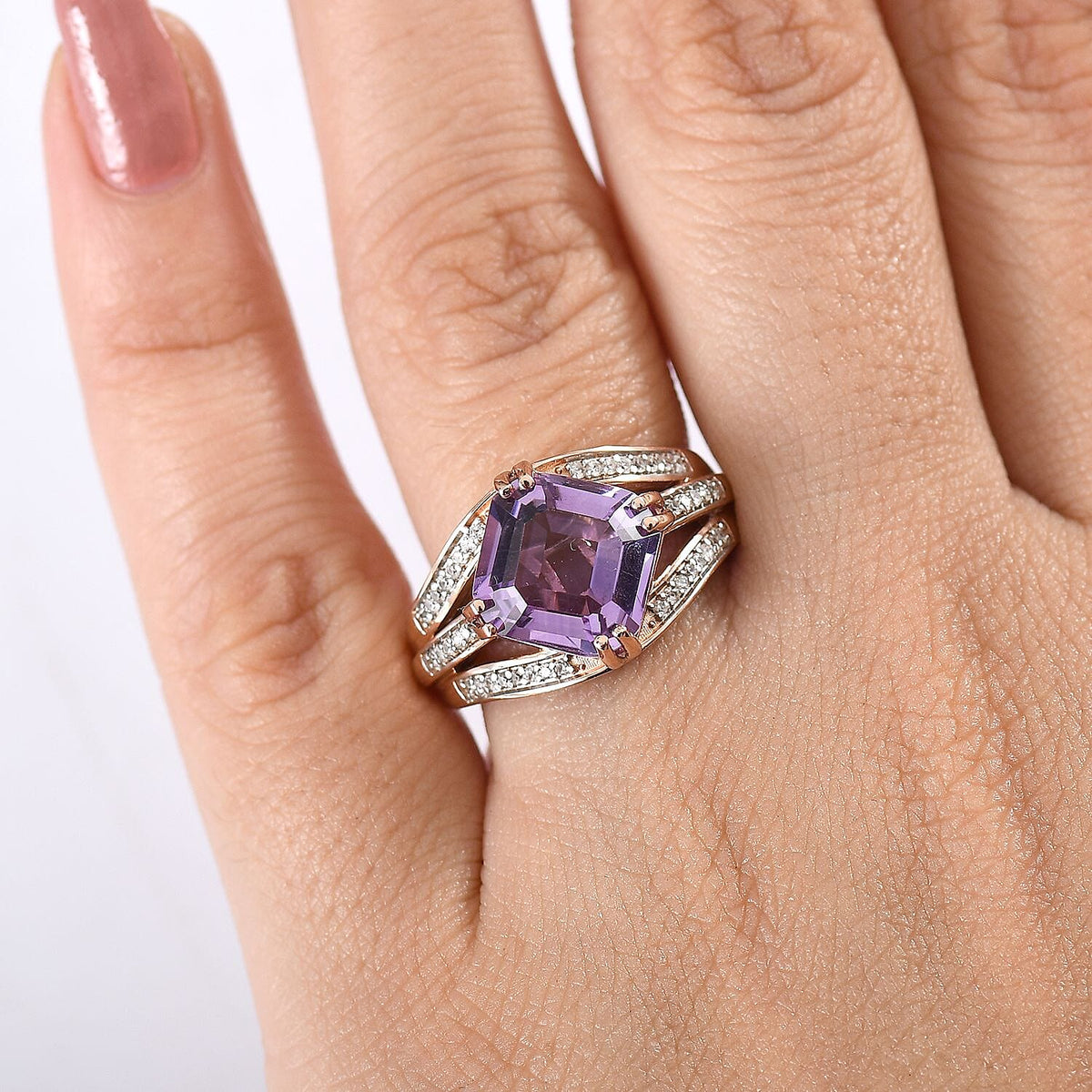 D'joy Rose De France Amethyst, White Zircon Cocktail Ring in Rose Gold Plated Sterling Silver 5.04 Ct. 8194729 2