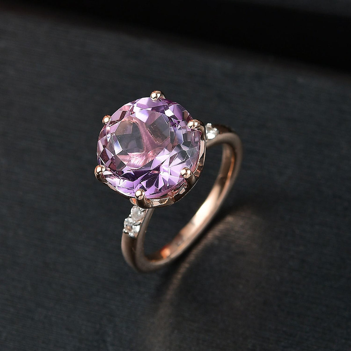 D'joy Rose De France Amethyst, White Zircon Solitaire Ring in 14K Rose Gold Plated Sterling Silver 6.50 Ct. 8194449 1