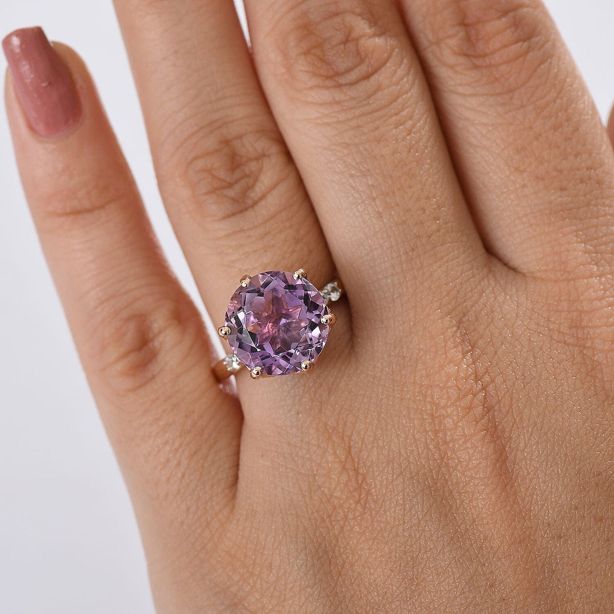 D'joy Rose De France Amethyst, White Zircon Solitaire Ring in 14K Rose Gold Plated Sterling Silver 6.50 Ct. 8194449 2