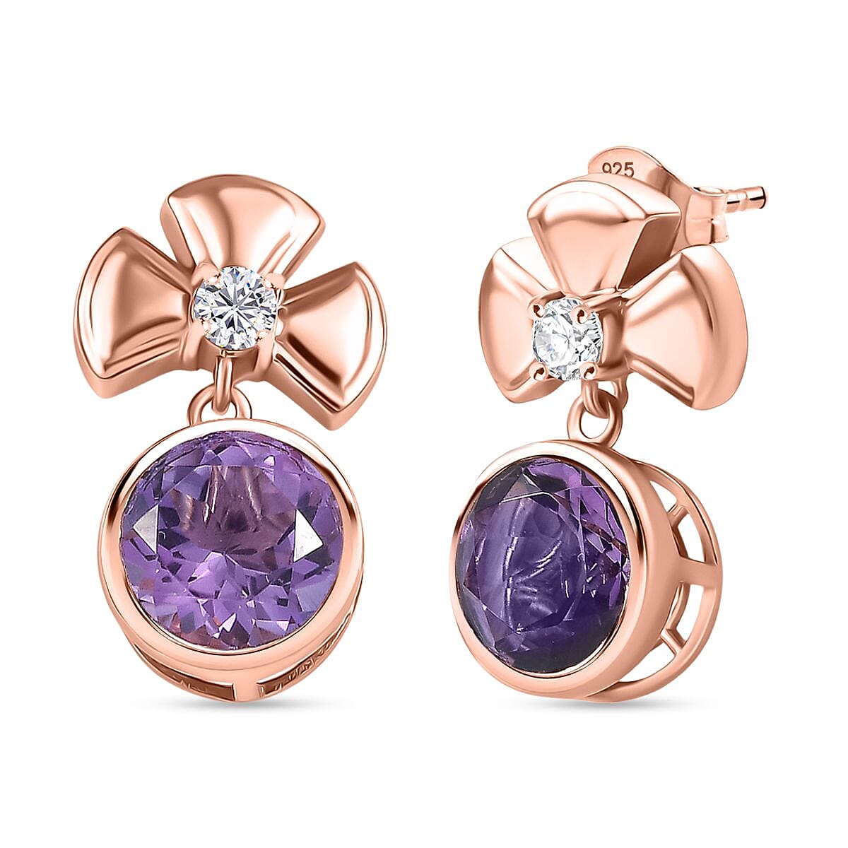 D'joy Rose De France Amethyst &amp; White Zircon Solitaire Stud Push Post Earring in 14K Rose Gold Plated Sterling Silver 4.12 Ct. 8194505 0