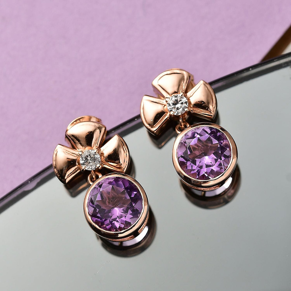 D'joy Rose De France Amethyst &amp; White Zircon Solitaire Stud Push Post Earring in 14K Rose Gold Plated Sterling Silver 4.12 Ct. 8194505 2