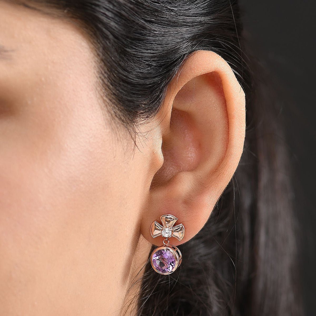 D'joy Rose De France Amethyst &amp; White Zircon Solitaire Stud Push Post Earring in 14K Rose Gold Plated Sterling Silver 4.12 Ct. 8194505 3