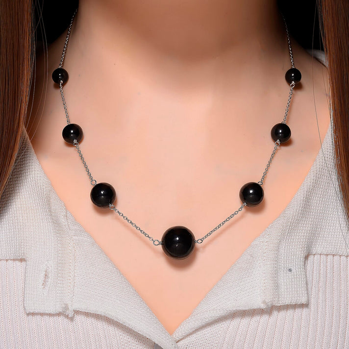 D'joy Natural Shungite Station Necklace (Size 20) with Lobster Clasp in Rhodium Overlay Sterling Silver 70.00 Ct. 8192590 2