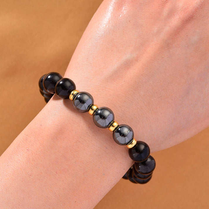 D'Joy Natural Shungite &amp; Hematite Beads Bracelet (Size 7.5 Stretchable) in Yellow Gold Plating Sterling Silver 140.00 Ct. 8223573 2