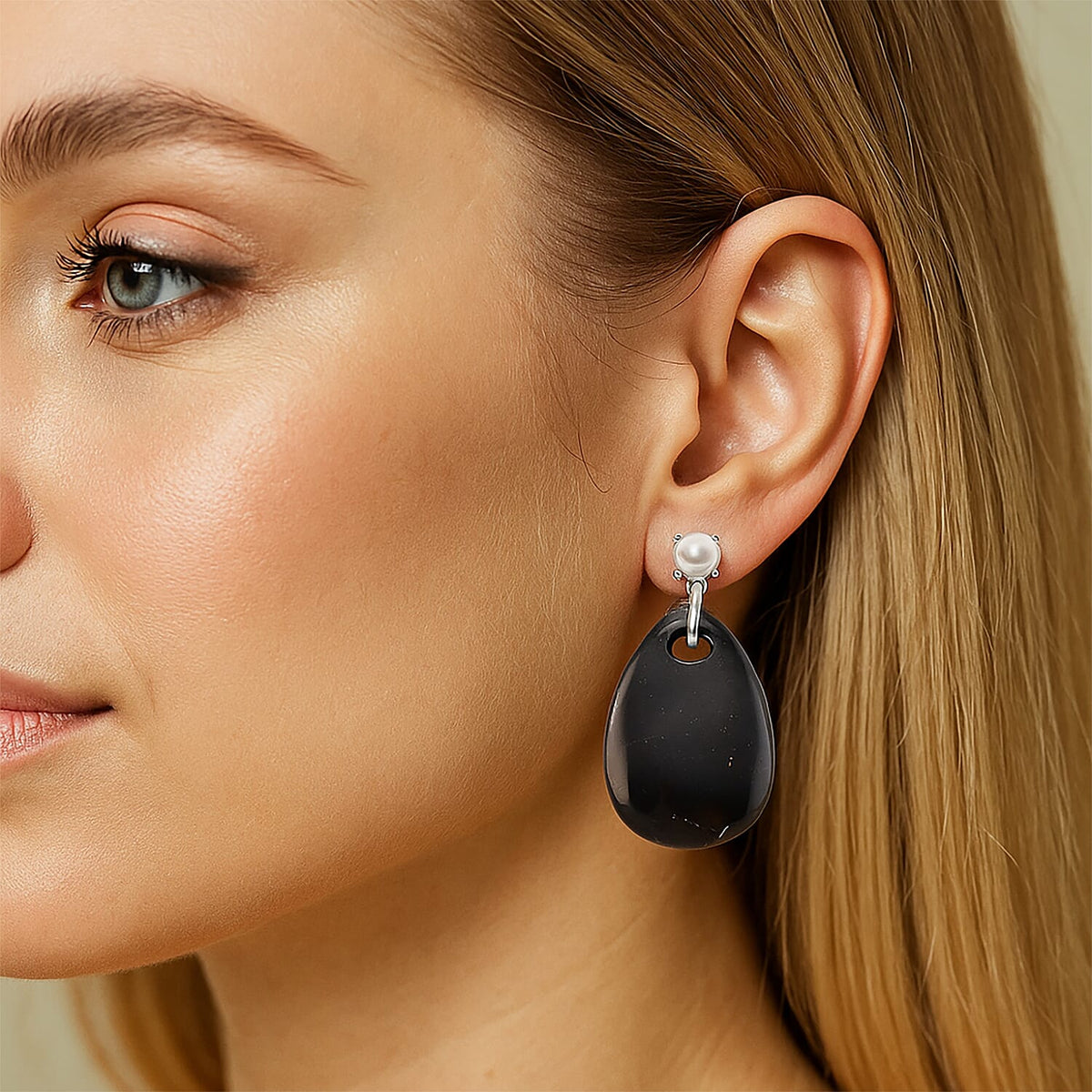 D'joy Natural Shungite &amp; White Fresh Water Pearl Dangle Earring with Push Back in Rhodium Overlay Sterling Silver 52.50 Ct. 8246283 3