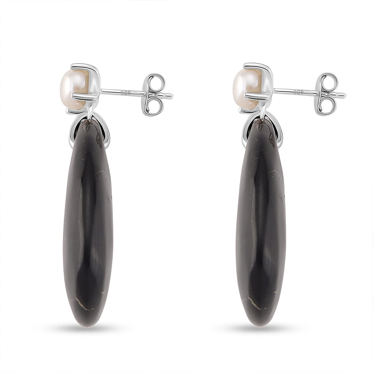 D'joy Natural Shungite &amp; White Fresh Water Pearl Dangle Earring with Push Back in Rhodium Overlay Sterling Silver 52.50 Ct. 8246283 4