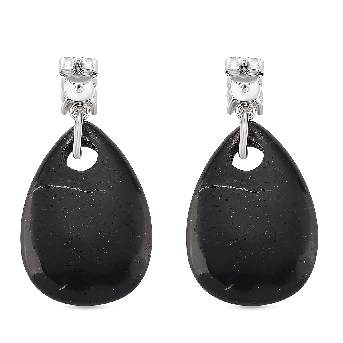 D'joy Natural Shungite &amp; White Fresh Water Pearl Dangle Earring with Push Back in Rhodium Overlay Sterling Silver 52.50 Ct. 8246283 5