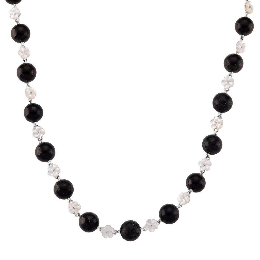 D'joy Natural Shungite & White Mother Of Pearl Necklace (Size 18 - 2 Ext) with Lobster Clasp in Rhodium Overlay Sterling Silver 215.30 Ct,