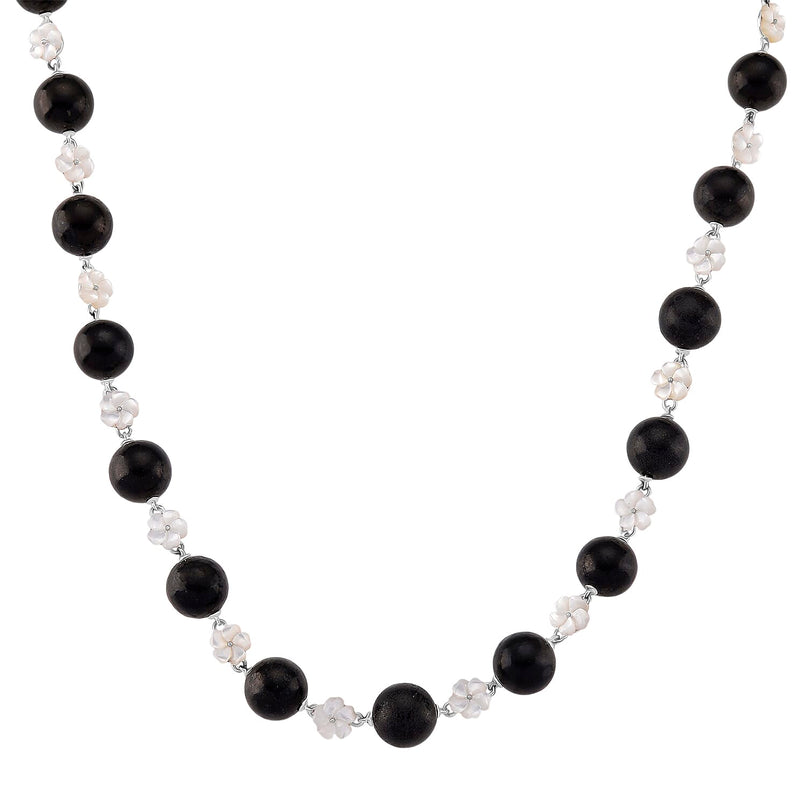 D'joy Natural Shungite & White Mother Of Pearl Necklace (Size 18 - 2 Ext) with Lobster Clasp in Rhodium Overlay Sterling Silver 215.30 Ct,