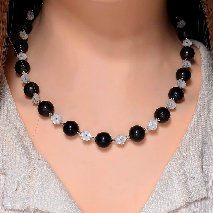 D'Joy Natural Shungite &amp; White Mother Of Pearl Necklace (Size 18 - 2 Ext) with Lobster Clasp in Rhodium Overlay Sterling Silver 215.30 Ct, 8247018 2