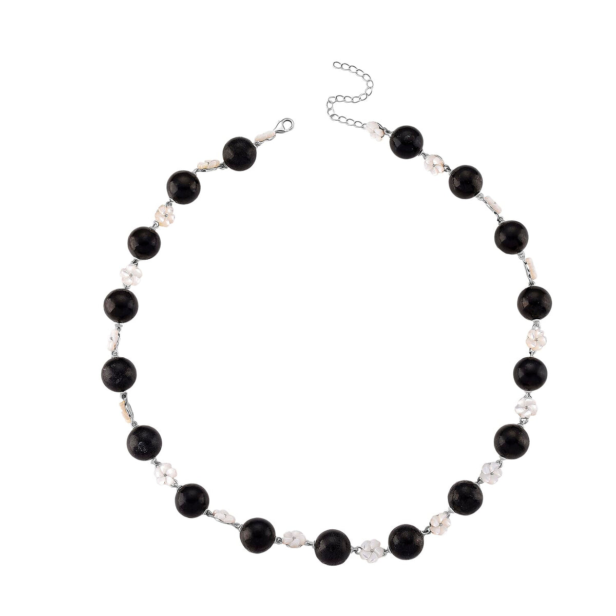 D'Joy Natural Shungite &amp; White Mother Of Pearl Necklace (Size 18 - 2 Ext) with Lobster Clasp in Rhodium Overlay Sterling Silver 215.30 Ct, 8247018 3