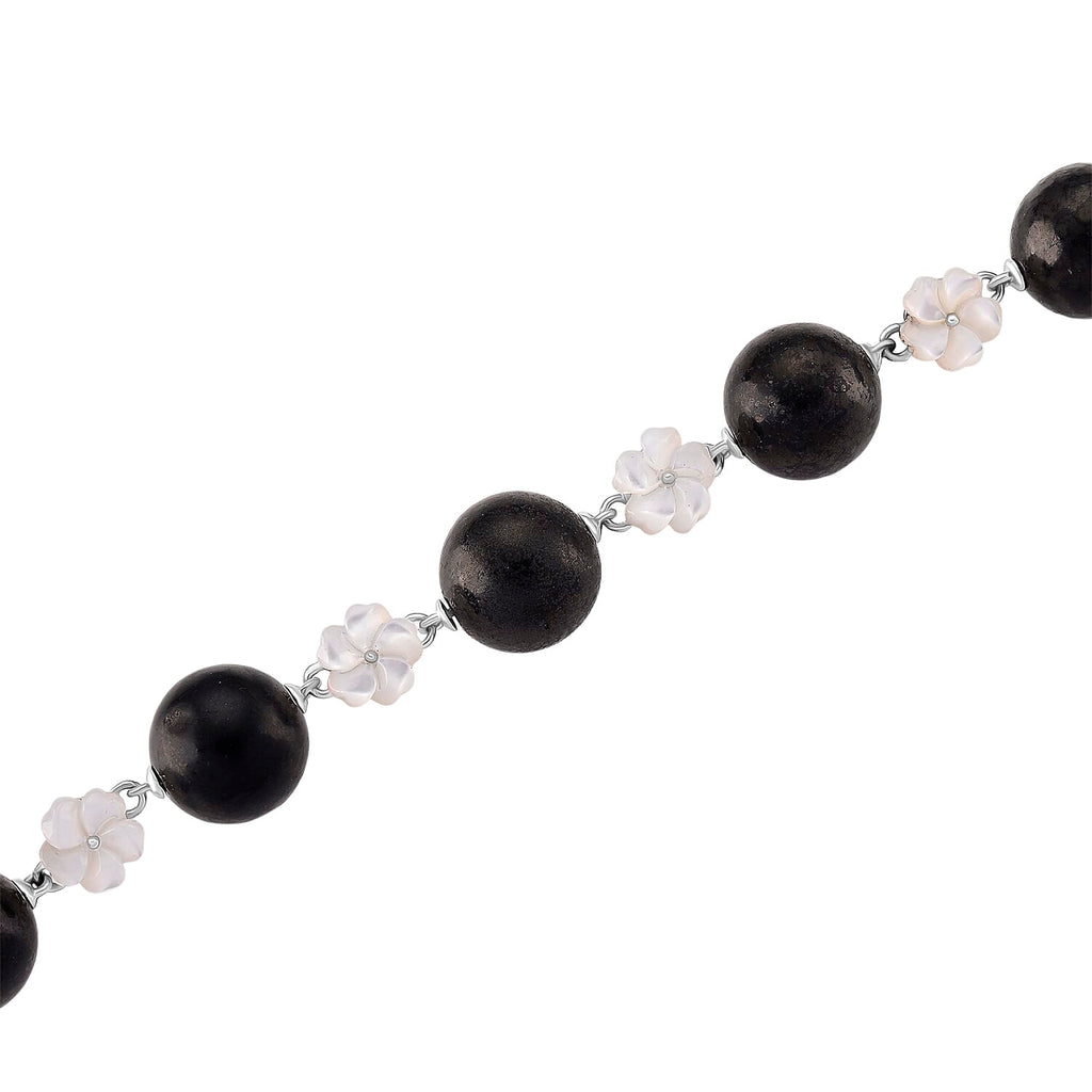 D'joy Natural Shungite & White Mother Of Pearl Necklace (Size 18 - 2 Ext) with Lobster Clasp in Rhodium Overlay Sterling Silver 215.30 Ct,