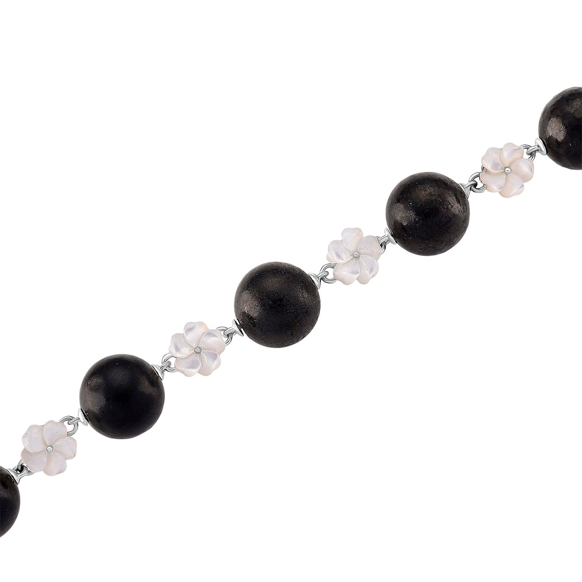 D'Joy Natural Shungite &amp; White Mother Of Pearl Necklace (Size 18 - 2 Ext) with Lobster Clasp in Rhodium Overlay Sterling Silver 215.30 Ct, 8247018 4