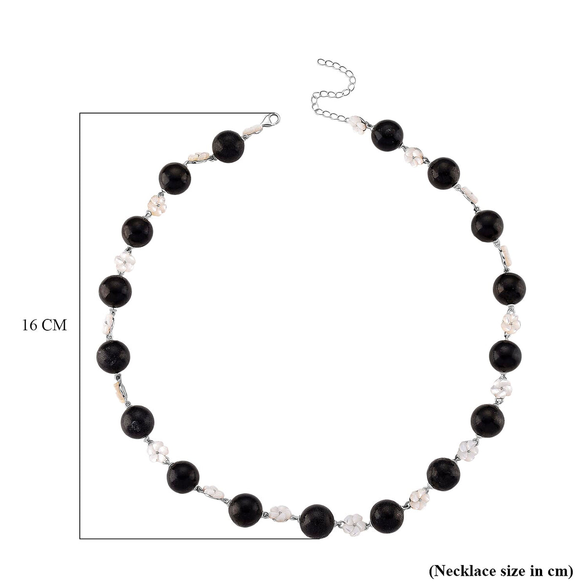 D'Joy Natural Shungite &amp; White Mother Of Pearl Necklace (Size 18 - 2 Ext) with Lobster Clasp in Rhodium Overlay Sterling Silver 215.30 Ct, 8247018 5