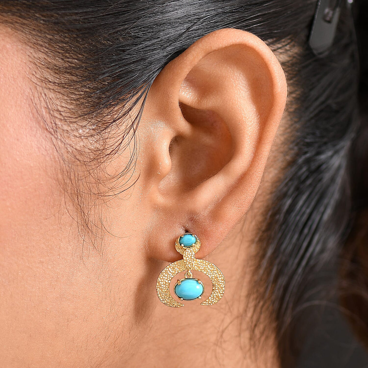 D'joy Sleeping Beauty Turquoise Dangling Earring with Push Back in Yellow Gold Plated Sterling Silver 1.65 Ct. 8225468 3