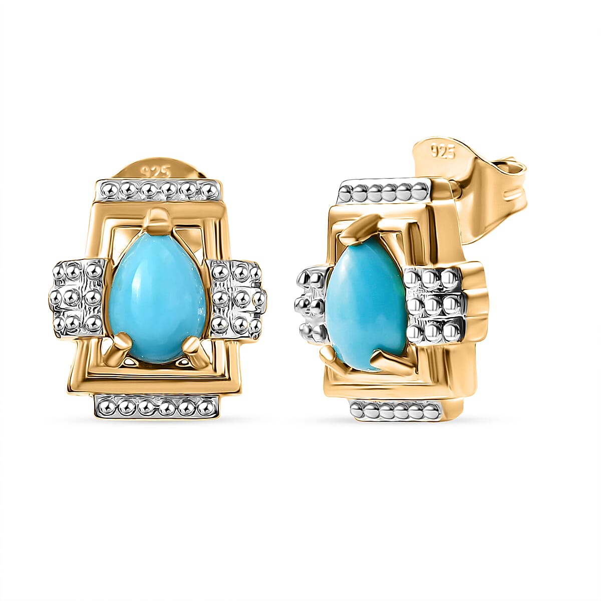 D'joy Sleeping Beauty Turquoise Solitaire Stud Push Post Earring in Yellow Gold with Platinum Overlay Sterling Silver 1.29 Ct. 8223686 0