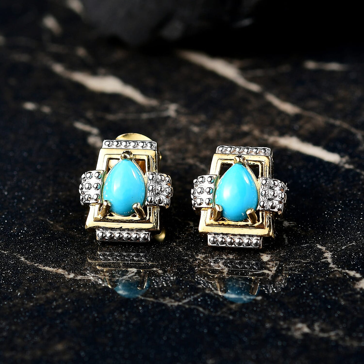 D'joy Sleeping Beauty Turquoise Solitaire Stud Push Post Earring in Yellow Gold with Platinum Overlay Sterling Silver 1.29 Ct. 8223686 2