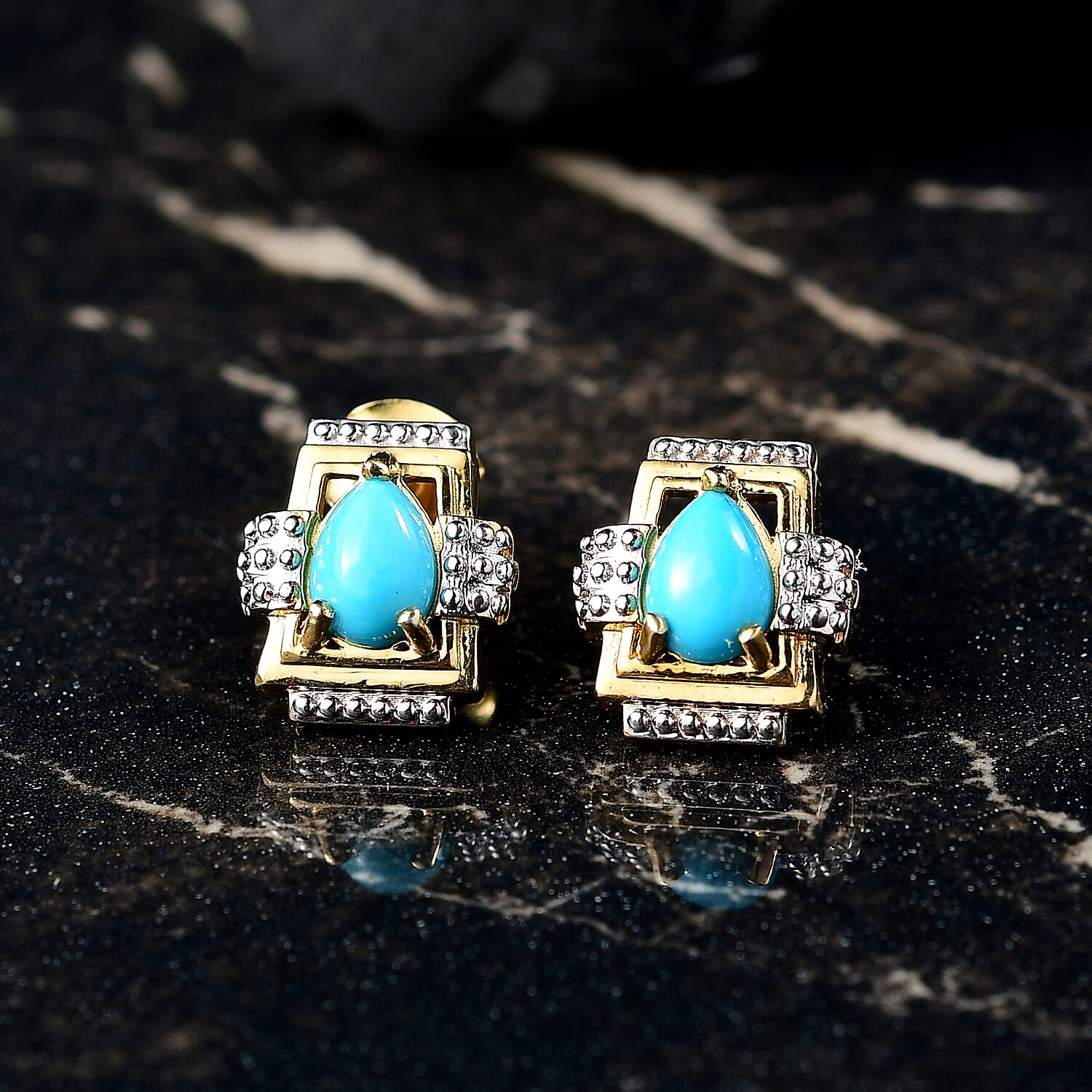 D'joy Sleeping Beauty Turquoise Solitaire Stud Push Post Earring in Yellow Gold with Platinum Overlay Sterling Silver 1.29 Ct. 8223686 2