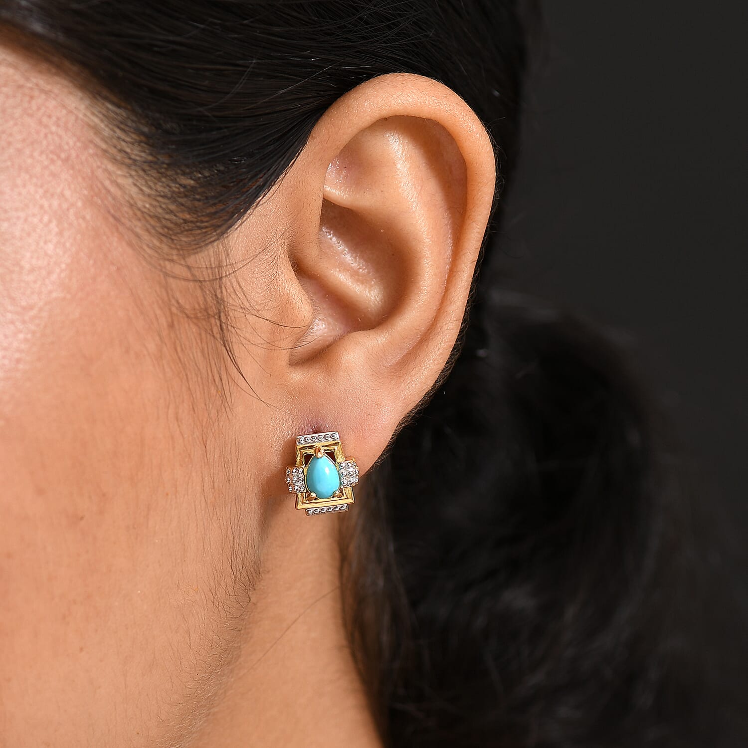 D'joy Sleeping Beauty Turquoise Solitaire Stud Push Post Earring in Yellow Gold with Platinum Overlay Sterling Silver 1.29 Ct. 8223686 3