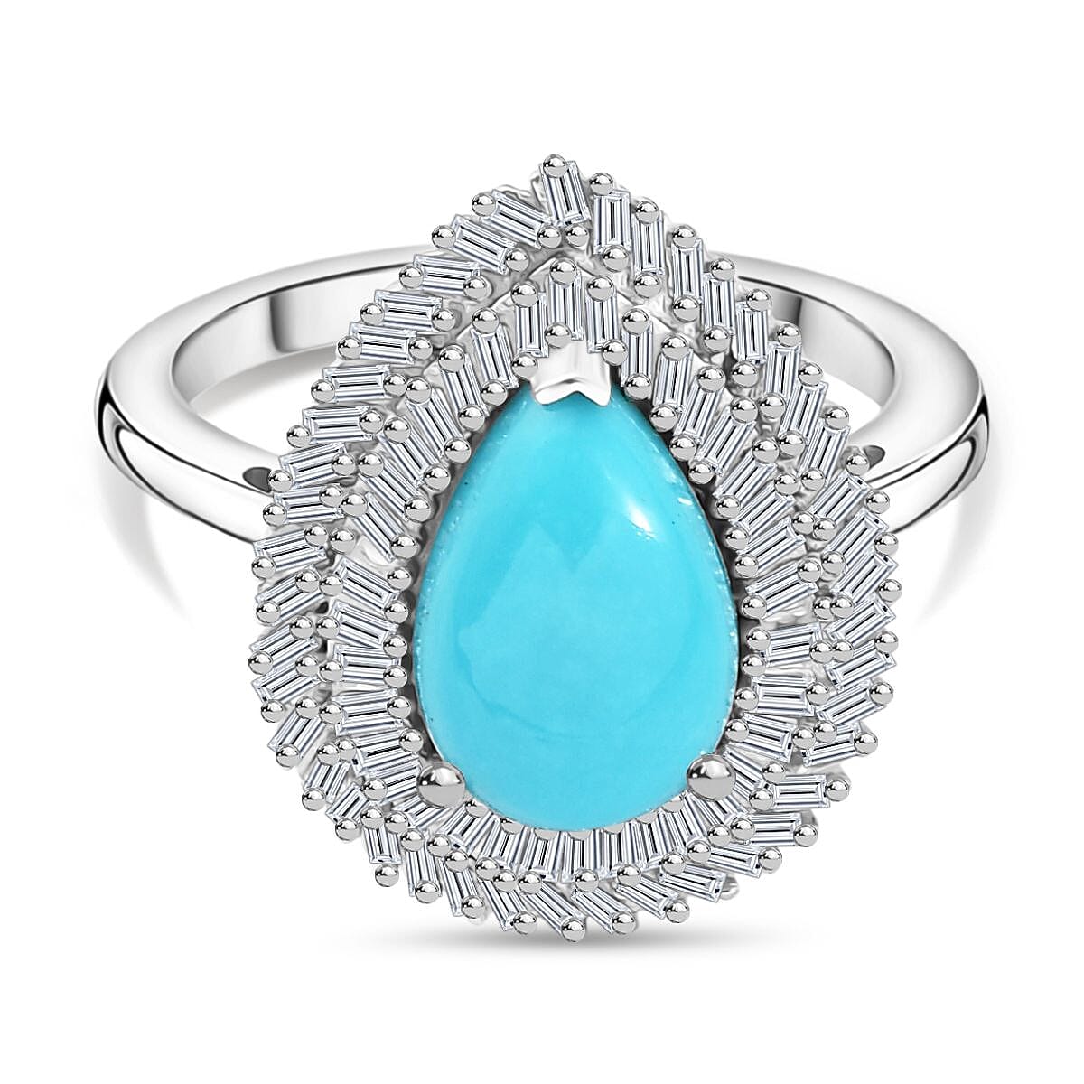 D'Joy - Sleeping Beauty Turquoise &amp; Natural White Diamond Pear Cut Halo Ring in Rhodium Overlay Sterling Silver 3.10 Ct. 8223503 0