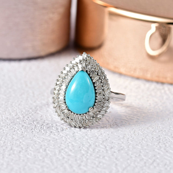 D'Joy - Sleeping Beauty Turquoise &amp; Natural White Diamond Pear Cut Halo Ring in Rhodium Overlay Sterling Silver 3.10 Ct. 8223503 2