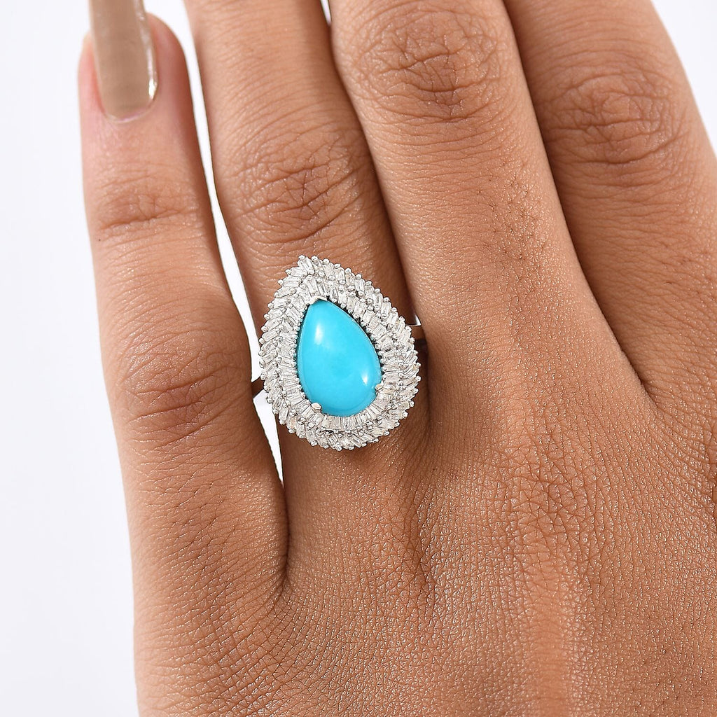 D’joy Sleeping Beauty Turquoise, White Diamond Main Stone With Side Stone Ring in Rhodium OverlaySterling Silver  3.092  Ct.