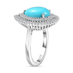 D’joy Sleeping Beauty Turquoise, White Diamond Main Stone With Side Stone Ring in Rhodium OverlaySterling Silver  3.092  Ct.